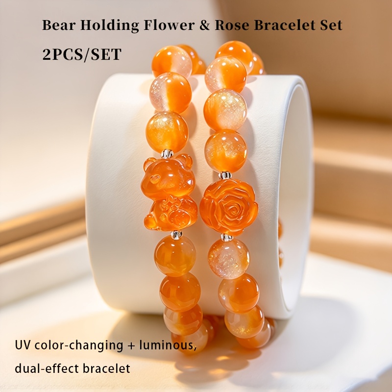 2pcs Cuddly Bear & Rose Bead Bracelet Set, Luminous Design